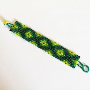 Seed bead wide patterned green & blue bracelet